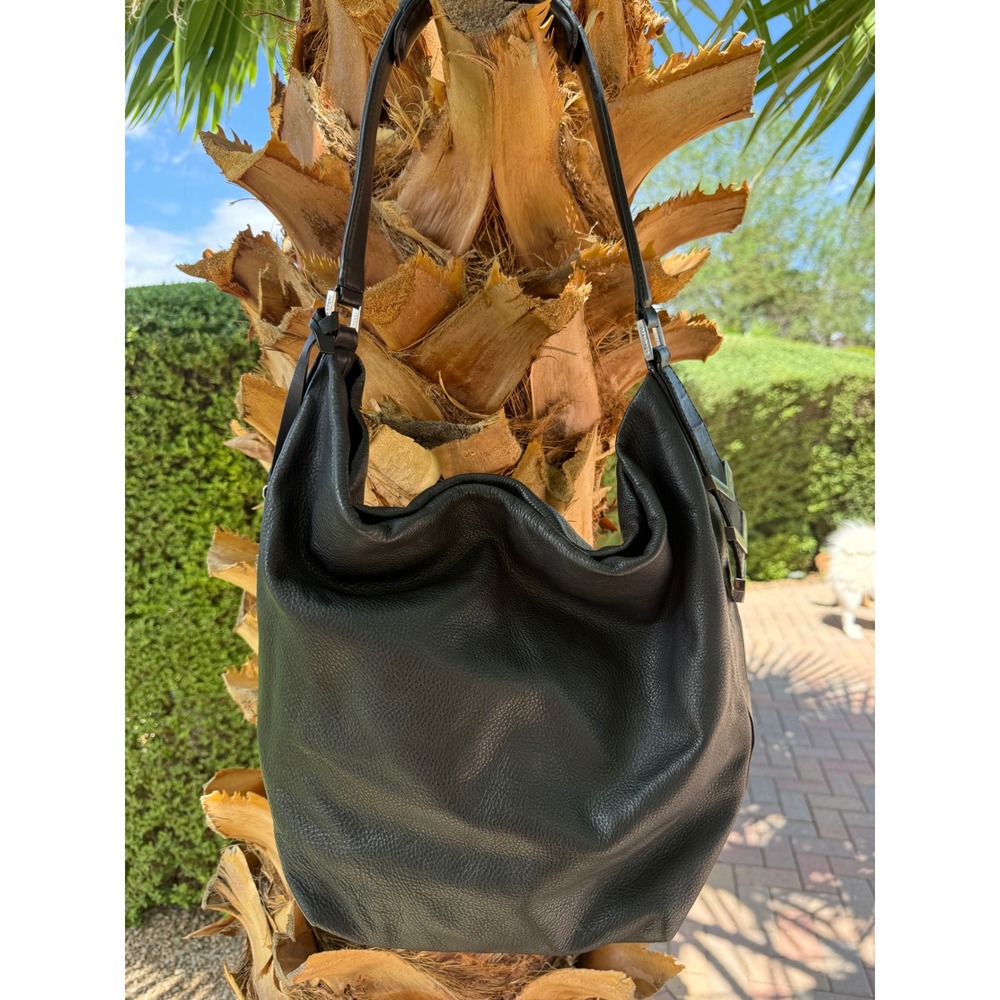 Mackage Black Pebbled Leather Hobo Bag Arrow Charm Chevron Hardware Shoulder